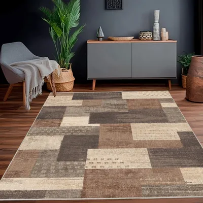 Productafbeelding van Beige wasbaar vloerkleed, 80 x 150 cm - Geometrisch design, geschikt voor woonkamer en slaapkamer