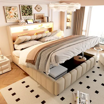Immagine prodotto di Letto imbottito MODFU 140x200, letto per ragazzi con contenitore, letto matrimoniale con spazio contenitore idraulico e illuminazione LED, struttura del letto con prese USB e USB-C, senza materasso, color beige