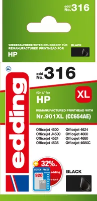The image shows the packaging of an edding brand black ink cartridge for HP printers.