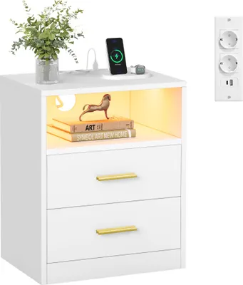Produktbild von VASAGLE Beistelltisch mit Schubladen, Nachttisch aus Holz, Schlafzimmer, Massivholzbeine, weiß
