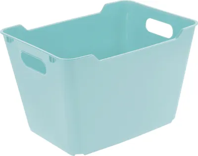 A light blue plastic storage bin with handles is shown against a white background.