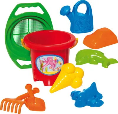 Produktbild von Sandspielzeug Set Schaufel Rechen Eimer Förmchen Sieb Gießkanne Kinder Eimergarnitur 9-tlg.