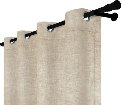 A close-up view of beige curtains with grommets hanging from a double curtain rod.