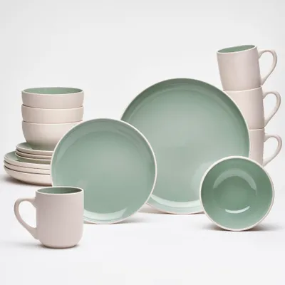 Produktbild von Kombiservice London Grün 16-teilig Steinzeug für 4 Personen – außen beige matt / innen grün glänzend – Kaffeebecher 360 ml, Dessertteller 20 cm, Speiseteller 27 cm, Schalen 14 cm