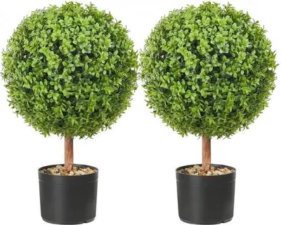 Image de 2 x boules de buis artificielles Ø 40,6 cm, décoration de jardin buis en pot de fleurs, boule de buis artificielle, plante artificielle en PE, bois, PP incl. 4 papillons décoratifs et 10 feuilles de rechange