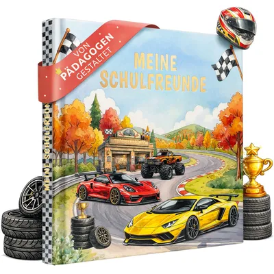 Produktbild von EULENTALER® Freundebuch Schule Junge mit Autos und Monstertrucks I Goldprägung I von Pädagogen gestaltet I Freundschaftsbuch Grundschule