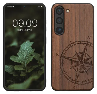 Produktbild von kwmobile Handyhülle für Samsung Galaxy S23 Hülle Holz - Case mit TPU Bumper - Stoßfestes Hardcase - Schutzhülle Cover in Dunkelbraun
