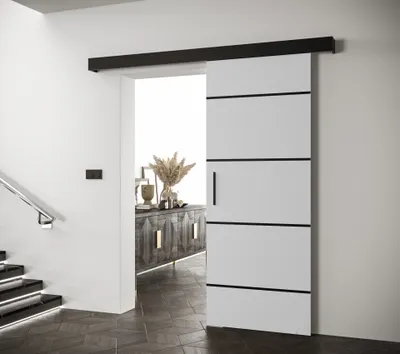 Produktbild von MEBLE KRYSPOL Schiebetürsystem Salwador 4, Weiß-Schwarz, 90x204 cm Tür, 200 cm Schiene, 12 cm Tiefe, mit geräuscharmem Schiebesystem, modern, aus laminierter Möbelplatte, PVC-Furnier und Kunststoff