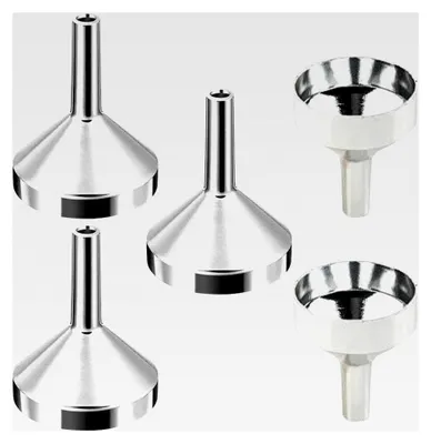 Produktbild von 5 Silberne Mini-Dosiertrichter für Flüssigkeiten wie Parfüm, ätherische Öle, Lotionen und Speiseöle