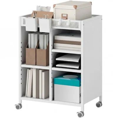 Produktbild von Bücherregal auf Rollen, 4-stufig, verstellbare Regalböden & Hängekörbe für Home Office und Wohnzimmer