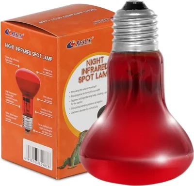 A red infrared spot lamp and its orange packaging are shown against a white background.