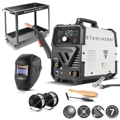 Immagine prodotto di Saldatrice STAHLWERK Mini FLUX 120 ST Digital - Completamente attrezzata con carrello - Saldatura a filo animato senza gas fino a 120 A, funzione Lift-TIG & MMA