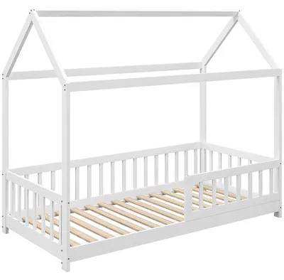Immagine prodotto di Struttura Letto per Bambini a Forma di Casetta con Doghe e Recinzione, in Legno di Pino, 96x195x165 cm, Bianco