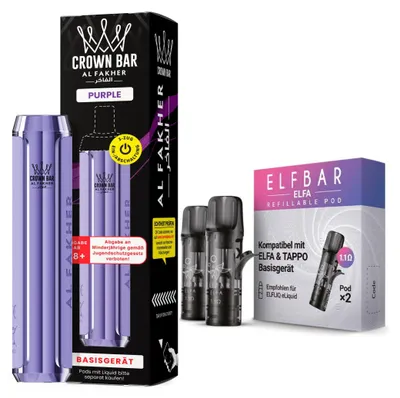 Produktbild von Al Fakher Crown Bar 600 Pod Kit Lila – 500 mAh Akkuträger inkl. 2 x 1,1 Ohm Leerpods, USB-C, 2 ml Pod System, DTL & MTL, wiederaufladbar, ohne Liquid