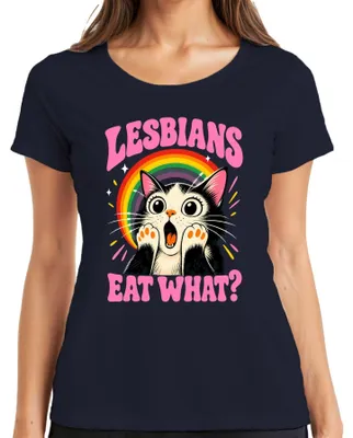 Immagine prodotto di Maglietta da donna, colore blu navy, taglia M, con la scritta: "Lesbiche mangiano...", "Gatto che ha scioccato", "Dichiarazione arcobaleno", "Sarcasmo"