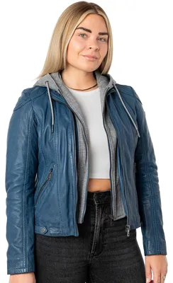 Produktbild von Mauritius - Damen Lederjacke Lammnappa Kapuze blau : M