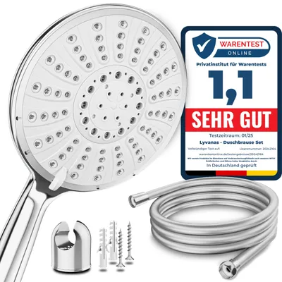 A shower head, hose, and mounting hardware are displayed alongside a product review badge.
