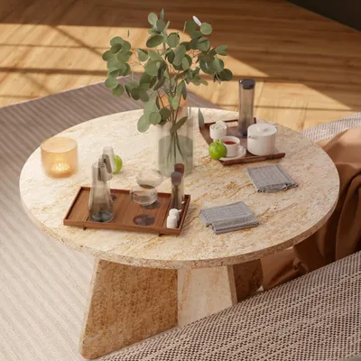 Produktbild von Moderner Couchtisch in Travertin-Optik für das Wohnzimmer, 58x58x42 cm, MDF