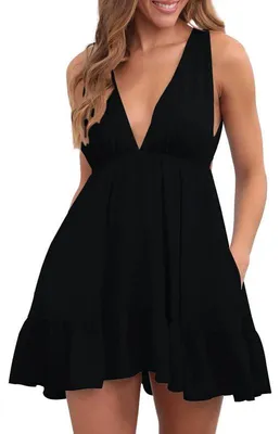 Produktbild von Minikleid für Damen aus plissiertem Stoff, tiefer V-Ausschnitt, offener Rücken.