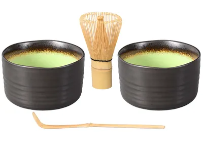 Produktbild von Matcha Set / Matchaset / 2x Matcha Schale 500ml, anthrazit/grün, mit Besen und Löffel