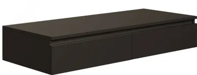 A dark brown floating desk with two drawers.