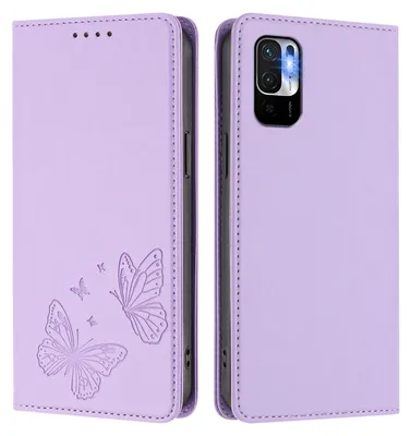 Produktbild von Lederhülle für Xiaomi Poco M3 Pro/ Redmi Note 10 5G, Schmetterling Prägung Leder Brieftasche Schutzhülle mit Ständer Violett