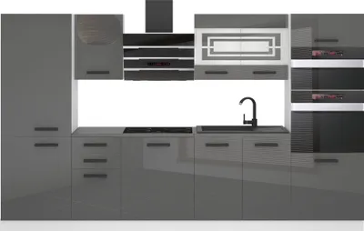 Image de Belini Kitchen block Mila - Meubles de cuisine 300 cm Cuisine équipée sans appareils électroménagers avec meubles hauts et bas, avec plans de travail, argent brillant
