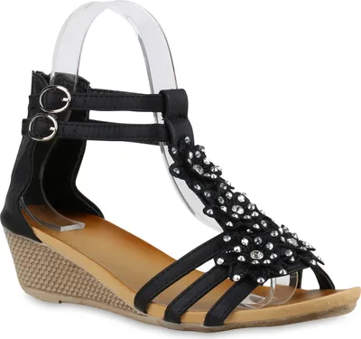 Produktbild von Mytrendshoe Damen Sandaletten Keilabsatz Blumen Strass Keilsandaletten Schuhe 816323, Farbe: Schwarz, Größe: 39