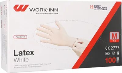 Produktbild von 100 "WORK-INN" Handschuhe, Latex gepudert "White" weiss - natur Größe M
