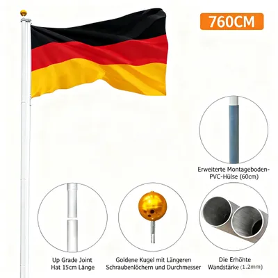 Immagine prodotto di FCH 760 cm pennone, bandiera tedesca inclusa, sollevamento segmentato, alluminio, argento