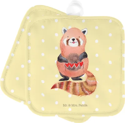 Produktbild von Mr. & Mrs. Panda Topflappen Roter Panda - Gelb Pastell - Geschenk, Kochlappen, Liebling, Rot, Topfuntersetzer, Herz, Ofenlappen, Lieblingsmensch, Set, Liebe, topfhalter