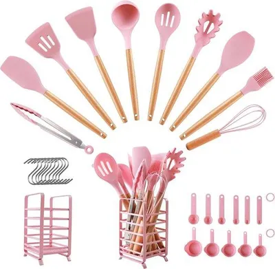 Image de Ensembles d'ustensiles de cuisine en silicone avec support en acier inoxydable - Ustensiles de cuisine résistants à la chaleur - 446 degrés - Poignée en bois - Revêtement antiadhésif - Rose