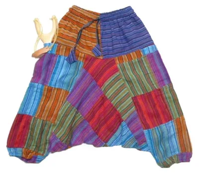Imagen del producto de Pantalones para niños: pantalones de patchwork, pantalones tipo Aladdin con pernera ancha, pantalones tipo harem con cintura elástica, pantalones con dos grandes bolsillos, talla S
