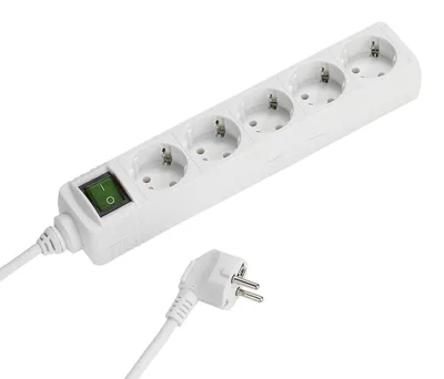 Produktbild von VIVanco™Weiße Mehrfachsteckdose mit 5 Schuko-Steckdosen, 1,4 m Kabel, grünem ON/OFF-Schalter