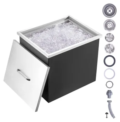 Zdjęcie produktu dla Pojemnik na lód, 77,9 l, ze stali nierdzewnej, 532 x 430 x 458 mm Komercyjny pojemnik na lód z pokrywą, wbudowany schowek na lód, rura spustowa i korek spustowy w zestawie