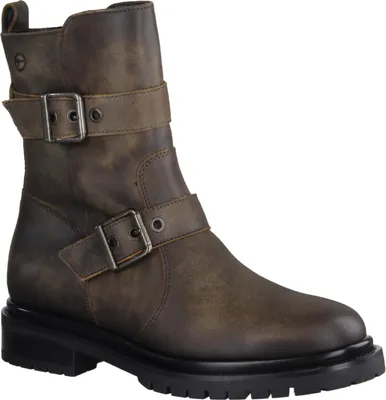 A single brown leather boot with buckles and a thick sole, shown against a white background.