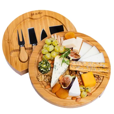Productafbeelding van Kaasplank van Bamboe met Kaasmessen Set - Ronde Kaasplaat van Hout met 4 Messen - Bamboo Cheese Board Set - Bamboe Kaasplank Serveerplank