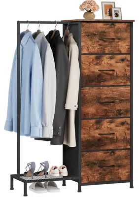 Ladekast mit Kleiderstange, 5 Schubladen, 30x79x114,5 cm, Holzmaserung