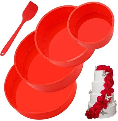 Zdjęcie produktu dla Zestaw form silikonowych Ibenzoa® (bez BPA) – 4 okrągłe formy o średnicach 10,5/16,5/21,5/25 cm + silikonowa łopatka, przeznaczone do kontaktu z żywnością, nieprzywierające, można myć w zmywarce, odporne na temperaturę do 230 °C