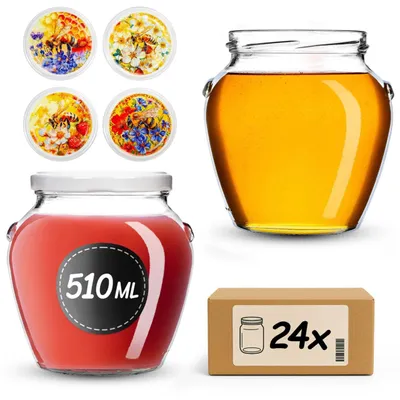 Produktbild von KADAX Einmachgläser 510 ml mit Schraubdeckel fi82mm, Schraubgläser mit Deckel, Honiggläser, Sturzgläser zum Einkochen von Honig, Obst und Gemüse, Marmeladengläser (Gelbe Biene, 24 Stück)