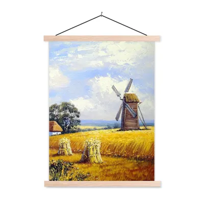 Produktbild von MuchoWow® Textilposter Gemälde - Bauernhof - Mühle - Ölfarbe 120x160 cm mit holzfarbenen Rahmen - Plakatkarton