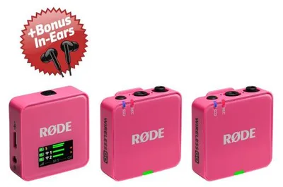Zdjęcie produktu dla System mikrofonów bezprzewodowych Rode Wireless GO Gen 3 w kolorze różowym + słuchawki douszne w prezencie