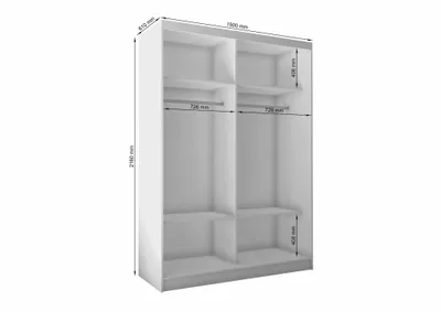 An interior view of a white wardrobe with dimensions indicated.
