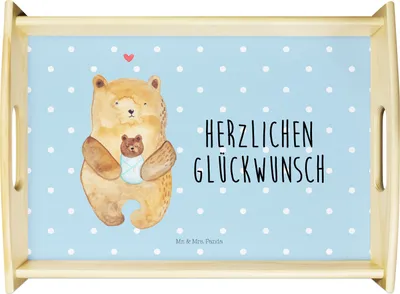 Produktbild von Mr. & Mrs. Panda Tablett Bär Baby - Blau Pastell - Geschenk, Geburtstag, Servier, Teddy, Mutter, Nichte, aus holz, betttablett, sofatablett, Eltern, Servierplatte, Taufe