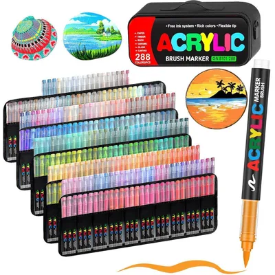Image de Stylos à peinture acrylique, 288 couleurs, résistants à l'eau, pour pierre, toile, verre, bois, tissu, pointe pinceau, avec étui