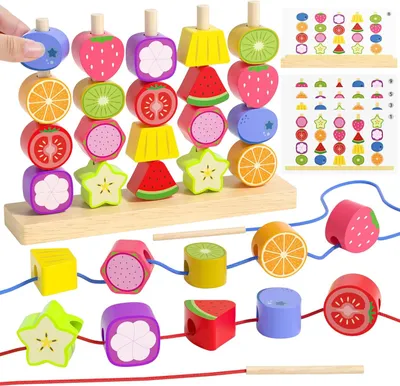 Produktbild von Montessori Spielzeug ab 3 4 5 Jahre, Fädelspiel Steckspiel Motorikspielzeug für Kinder, Bauklötze Holz mit Sortierspiel Kinderspiele, Kinderspielzeug