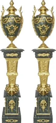 Produktbild von Casa Padrino Barock Deko Porzellan Vasen mit Marmor Säulen Set Grün / Gold 30 x 30 x H. 180 cm - Edel & Prunkvoll