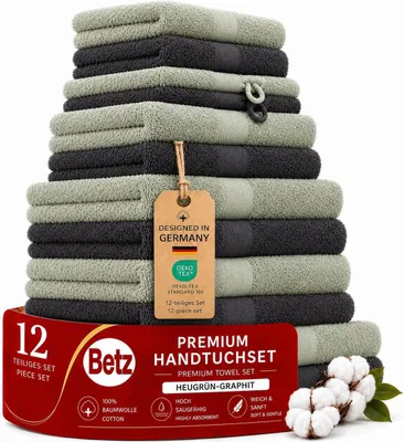 Produktbild von Betz 12-tlg. Handtuch-Set PREMIUM 2 Duschtücher 4 Handtücher 2 Gästetücher 2 Seiftücher 2 Waschhandschuhe Farbe: graphit / heugrün