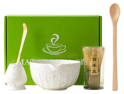 Produktbild von Matcha Tee Set 5-teilig mit Besen, Löffel, Schaufel, Halter und Schale Keramik Weiß