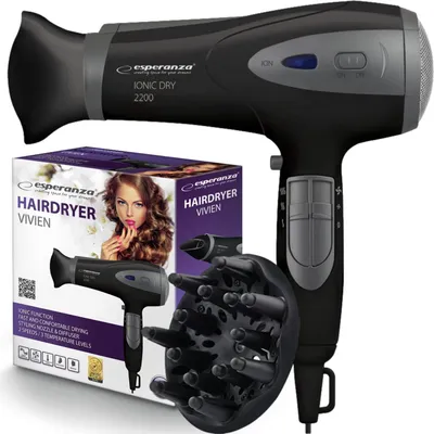 A product shot of a hairdryer and its packaging, along with accessories.